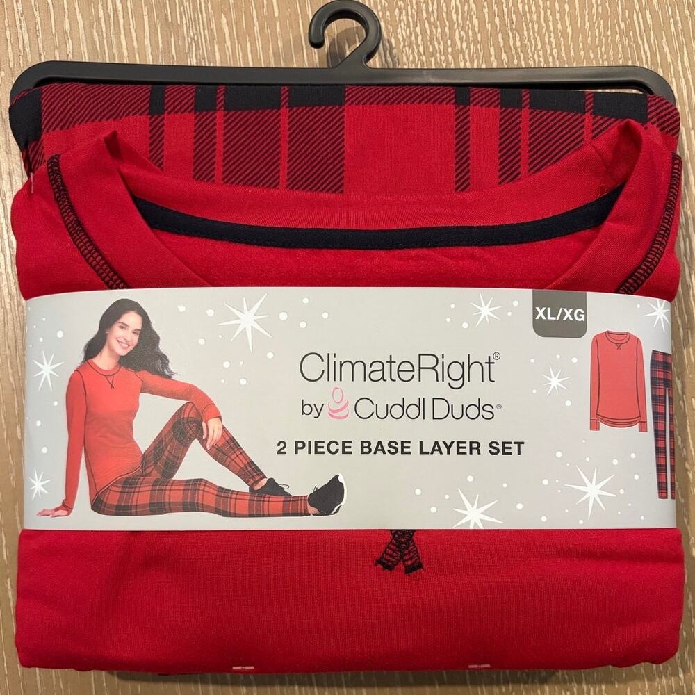 2-Piece ClimateRight by Cuddl Duds Women's XL Base Layer Top Legging Red‎ Black
